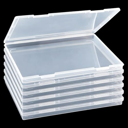 6 Pack A4 Paper Storage Box 30 x 22 x 2.3 cm, Clear Plastic Scrapbook Paper Organizer with Snap-Tight Latch, Photo Storage Box for 8 x 10 Photo, Board Game Storage for Crafts Documents Office Supplies