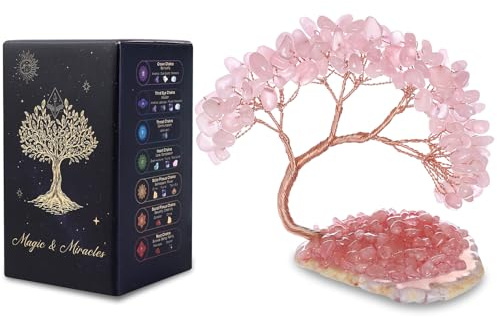 MAGIC AND MIRACLES Quartz rose Arbre de Vie en Cristal Naturel 108 Pierres Feng Shui Chakra Reiki Arbre Bonsaï Énergie Décoration Maison Bureau Cadeau Spirituel Base Pierre Irrégulière 8-11 cm