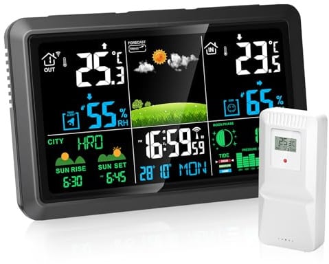 Fastsaw Wetterstation Funk mit Außensensor - Innen und Außentemperatur, Luftfeucht, Luftdruck, Wettervorh, Mondphase, DCF Funkuhr, Batteriebetrieb & Netzbetrieb für Wohnzimmer, Schlafzimmer, Garten