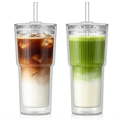 KEMORELA 2 Pack 600ml Ribbed Double Wall Glass Cups with Lids & Straws, Insulated Iced Coffee Cups for Matcha, Latte, Smoothies & Bubble Tea, Aesthetic Clear Glass Tumblers