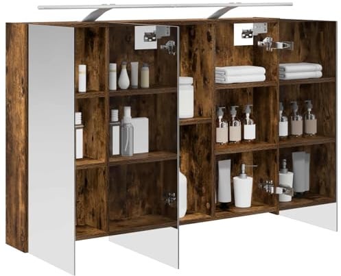 vidaXL Badezimmerspiegelschrank Geräucherte Eiche 100 x 14,5 x 70 cm, Badezimmer Aufbewahrung, rechteckiger Schrank, modernes Design, platzsparender Wandspiegel, verstellbares Regal, Organizer