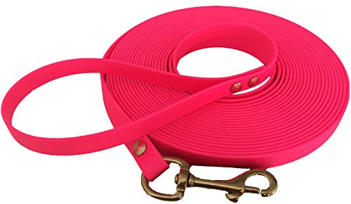 Schleppleine 9mm aus Beta BioThane® 25 Meter lang in Neonpink mit Handschlaufe und Messingkarabiner