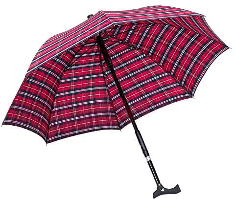 Ossenberg Stockschirm Twin mit Fritzgriff – Ø 105cm – 2 in 1 Gehstock & Regenschirm – Handstock, Gehhilfe, Gehstütze – höhenverstellbar - rot/blau Karo Design