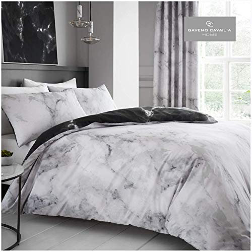 GAVENO CAVAILIA Cavailia Luxurious MARBLE Bed Set with Duvet Cover and Pillow Cases, Polyester-Cotton, White, Single, white-marble