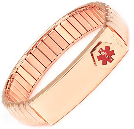 YINOX Medical Alert - Elastisches Armband aus Edelstahl für Damen und Herren in verschiedenen Größen in Silber und Gold