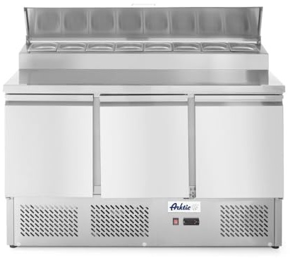 HENDI Kühltisch, Dreitürig, mit Aufsatskühlvitrine, max -2 bis 8°C, Aufsatz für 8x GN 1/6, 3 Regalböden, je bis 15kg belastbar, 380L, 230V/310W, 1365x700x(H)1055mm, Edelstahl