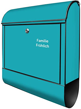 banjado® Design Briefkasten personalisiert mit Farbe Türkis 39x47x14cm & 2 Schlüssel - Briefkasten Stahl schwarz mit Zeitungsfach pulverbeschichtet - Postkasten A4 Einwurf inkl. Montagematerial