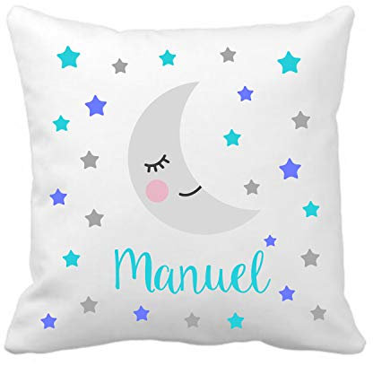 Kembilove Cojín Infantil Personalizado con Luna y Estrellas Azul – Cojín Guardería Personalizado con el Nombre del Niño o Niña – Cojines Ultra Suaves y Cómodos – Regalos Originales