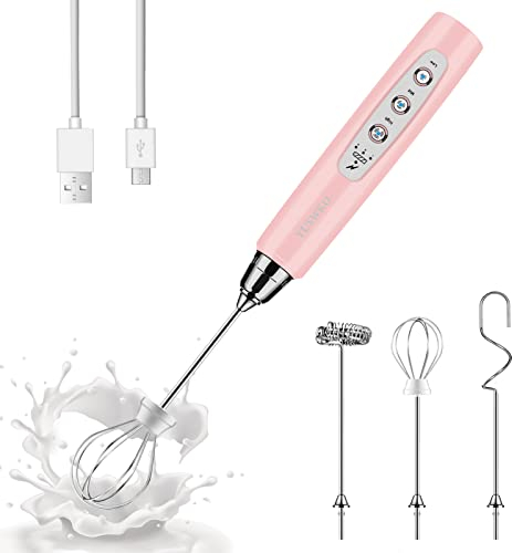 YUSWKO Pink Milk Frother Handheld with 3 Heads, Coffee Whisk Drink Foam Mixer with USB Rechargeable 3 Speeds, Electric Hand Frother for Latte, Cappuccino, Hot Chocolate, Egg