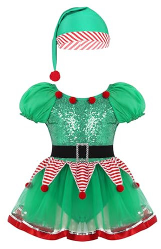 Mufeng Costume Carnevale Albero di Natale Bambina Vestito Elfo Natale Tutu Danza Classica Ballerina Abitino da Festa con Cappello Babbo Natale Pagliaccio Cosplay Verde A 6-7 anni