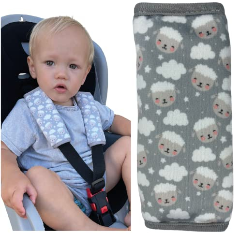 HECKBO 2x Gurtkissen Kinderwagen Schafe & Wolken – Gurtschoner Babys, Gurtpolster Autositz, Schulterpolster Trage, weich & gepolstert, Sicherheitsgurt Zubehör Jungen Mädchen