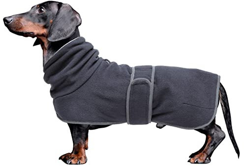 MOREZI Winterhundejacke mit wattiertem Flusenfutter, verstellbarem Klettknopf und hochklappbarem Stehkragen. Sehr gut geeignet für Dackel und kleine und mittelgroße Jagdhunde-Dunkelgrau-XL