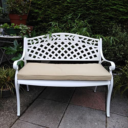 Lazy Susan Rose Gartenbank in Weiß, Beige Sitzkissen | Sandguss-Aluminium | Wetterfest | Rostfrei | Wartungsarm | 3 Jahre Garantie