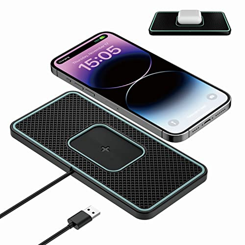 Wireless Charger Auto Ladepad, Polmxs 15W Schnelles Kabelloses Ladegerät Ladematte rutschfest Induktive Ladestation Auto Kfz-Ladegerät Matte für Airpods/iPhone 15/14/13 Pro/12/X, Samsung S24/S23/S22