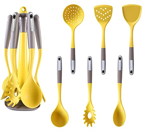 CANDeal Lot de 7 ustensiles de Cuisine en Silicone avec Support de Rangement, Ensemble d'ustensiles de Cuisine en Nylon et Silicone, Jaune