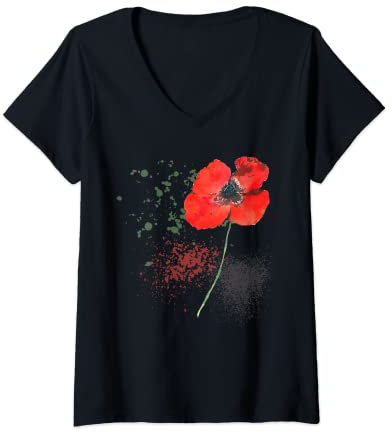 Femme Peinture aquarelle coquelicot Art T-Shirt avec Col en V