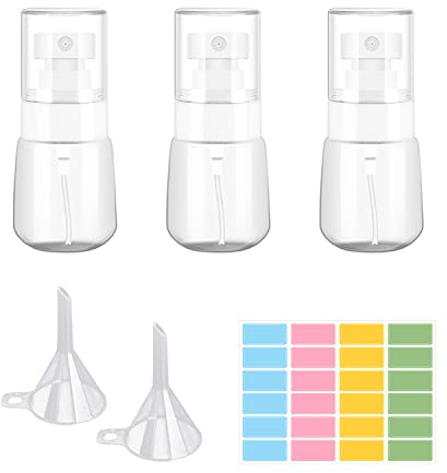 TIANNAIT Fine mist 3 Pieces Mini Clear Small Spray Bottles, Travel Atomizer, Portable Plastic Spray Bottle, with 2 Pieces of Funnel and 1 Piece of Label, Clear Refillable Liquid Container, for liquid