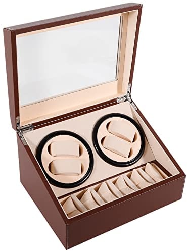 Lightakai Automatische Uhrenbeweger Box, 4+6 Automatik Uhrenbeweger Uhrenbox Leise Uhrendreher Automatikuhren Watch Winder Box mit Klare Fenster und Kissen für Automatikuhren, Armbanduhr (Braun)