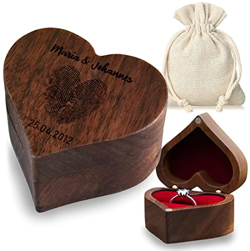 polar-effekt Ringbox Ringkissen mit personalisierter Wunschgravur - Verschiedene Motive - aus Walnussholz - weißer Stoffbeutel - passend zur Verlobung, Hochzeit, Jahrestag (Motiv: Herz Fingerabdruck)