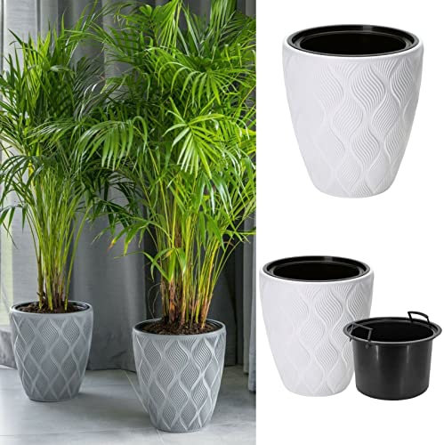 YULKA Großer und dekorativer Blumenübertopf mit herausnehmbaren Einsatz 2in1, 3D-Textur, Oval | Blumenkübel Pflanztopf | für draußen und innen, frostbeständig | Farbe: weiß