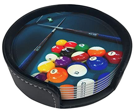 Lot de 6 dessous de verre en cuir imprimé billard pour boissons, décoration d'intérieur et cadeau de pendaison de crémaillère