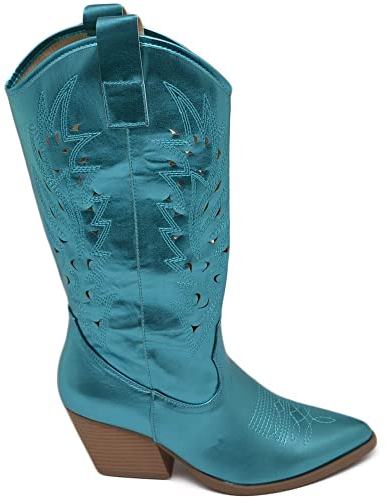 Malu Shoes Stivali donna camperos texani stile western forati estivi turchese azzurro perlato tacco western 7 cm con zip laterale (36 EU)