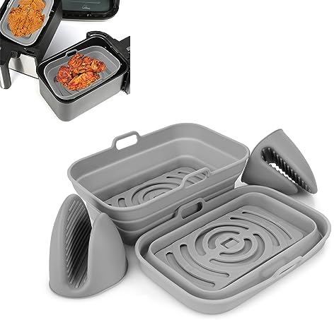 Spesh 2 Pcs Silicone Air Fryer Liners Compatible with AF300UK and Similar Models, Foldable Dual Air Fryer Liners Reusable Airfryer Liners with 2 Silicone Gloves(Grey)
