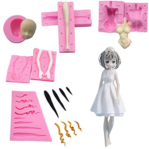Lot de 5 moules en silicone 3D en forme de poupée, corps, jambe, bras, visage, tête de poupée - Modèle Q - Pour fondant et résine - Fournitures de décoration de gâteaux