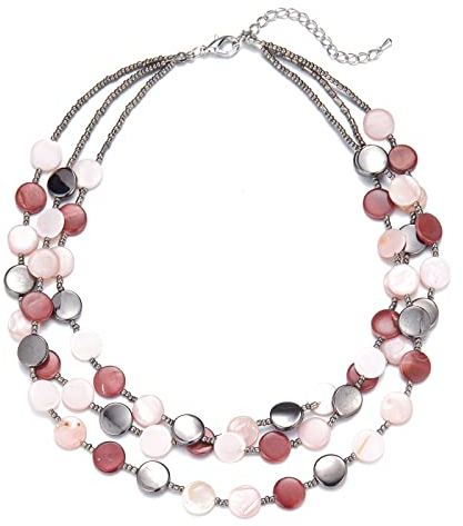 FULU AUTUMN Damen Statement Kette mit Steine Perlen Boho Silber Mehrreihige Kette Modeschmuck Die Besten Geschenke für Mütter(30-Pink)