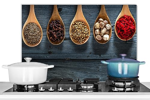 KitchenYeah© Spritzschutz Küchenrückwand Platte Küche Deko Aluminium Platte Spritzschutz Küchenwand WandverkleidungKräuter - Löffel - Holz - Lebensmittel - Gewürze - Industrial - 60x40 cm