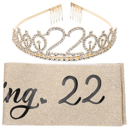 Didiseaon 22. Geburtstag Tiara Und Schärpe 2-Teiliges Set Kristallkrone Glitzerschärpe Für Frauen Und Mädchen Geburtstagsdekorationszubehör