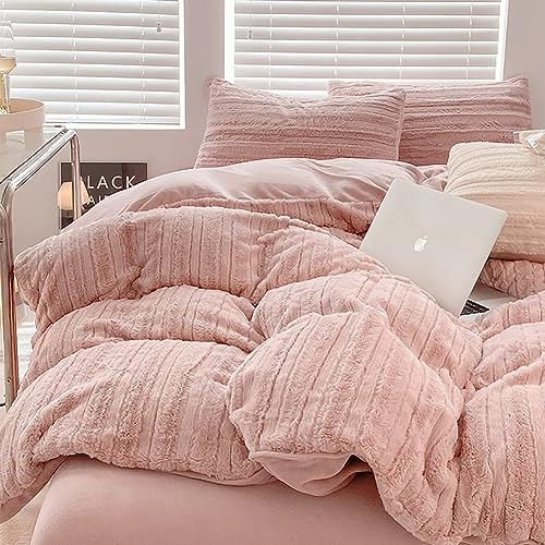 AShanlan Plüsch Bettwäsche 155x220 Winter Warme Flauschig Cashmere Touch Bettbezug Teddy Fleece Winterbettwäsche Set mit Reißverschluss und Kissenbezug 80x80 cm Rosa