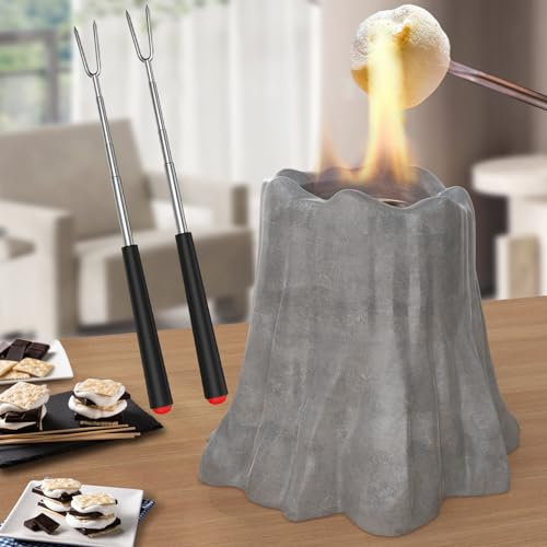 Tisch-Feuerstelle, Beton-Tisch-Feuerstelle, Tischkamindekoration, Outdoor-Terrasse, Indoor-Alkoholbrenner, Smores-Maker, lange Brenndauer, persönliche Feuerstelle mit Löscher und 2 Stabgabeln