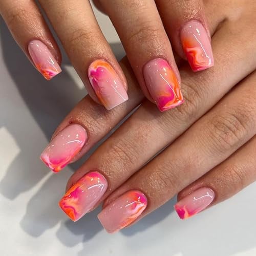 Ceboic 24 Pièces Faux Ongles Court Carrés, Rose Jaune Press on Nails French Brillant Ongles à Coller, Acrylique Couverture Complète Square Faux Ongles Autocollants pour Femme et Fille