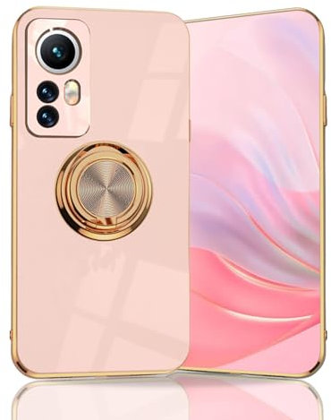 BORYA Cover per Xiaomi 12 Lite 5G, Morbida Silicone TPU Bumper Ultra Sottile Antiurto Antigraffio Custodia, Placcatura Phnom Penh Anello Supporto Case, Rosa