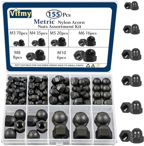 Kit surtido de tuercas ciegas Vifmy de nailon negro métrico (M3, M4, M5, M6, M8, M10), 155 piezas, UNC, con tapas ciegas para pernos y cabezas ciegas. Tuercas hexagonales para interior y exterior