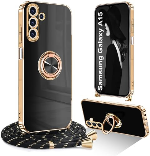 Ptny Hülle für Samsung Galaxy A15 5G Hülle mit Band, 360 Grad Ring Halter Magnetische Handyhülle, Galvanisierte TPU Schock Mode Glitzer Schutzhülle mit Abnehmbar Kordel, Schwarz