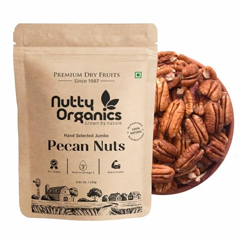 NUTTY ORGANICS Hochwertige und gesunde getrocknete Pekannüsse – 250 g | Konservierungsstoffe und Zusatzstoffe frei | Nüsse Trockenfrüchte | reich an Protein und Ballaststoffen