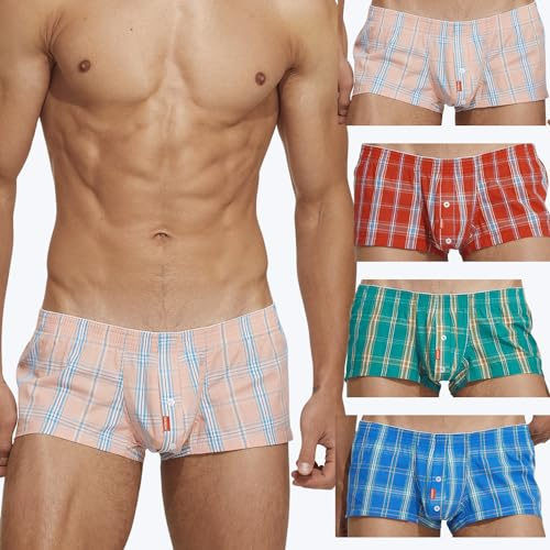 BEEMEN SEOBEAN Herren Boxershorts Low Rise Trunks 4er Pack 100% Baumwolle – Pink, Rot, Blau, Grau – Größe XL – Mini Fit, Kariertes Design, atmungsaktiv mit Eingriff