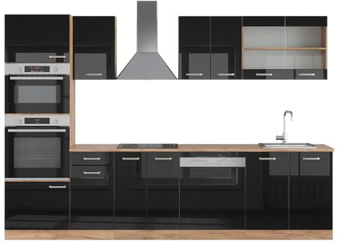 Vicco Küchenzeile R-Line, Schwarz Hochglanz/Goldkraft Eiche, 300 cm | 8 Module · Höhenverstellbare Füße · Arbeitsplatte Eiche · Robuste Fronten · Mit Backofen-/Mikrowellenschrank