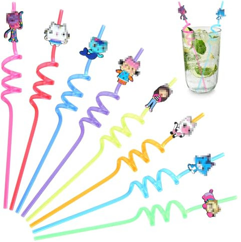 Pajita Rizada de Plástico, 16 Piezas Pajitas Reutilizables Niños, Pajitas de Plastico Fiesta Pajitas Suministros de Fiesta de Cumpleaños para Fiesta