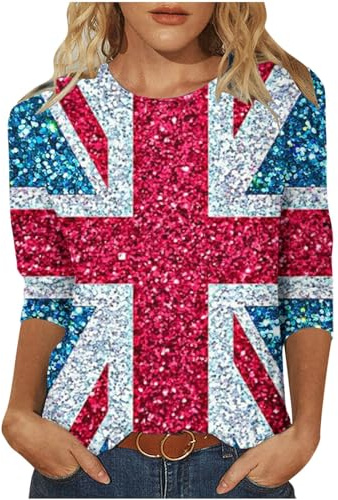 Union Jack Tops for Women 3/4 Sleeve Vintage UK Flag T-Shirts Womnes Classic Fit Great Britain Tunic Blouses Round Neck British Flag Ladies Tops S-3XL