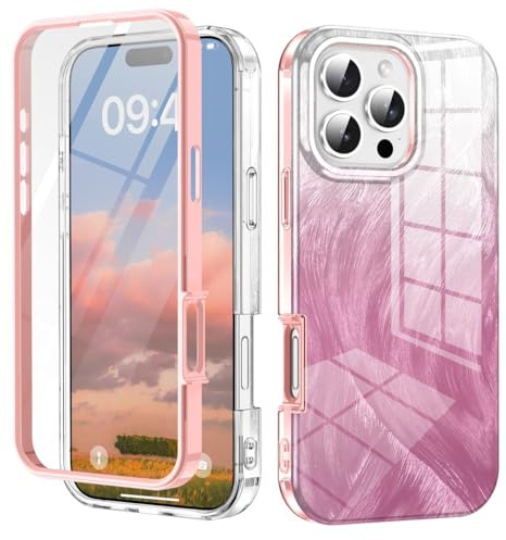 Mkej 360 Grad Hülle Kompatibel mit iPhone 16 Pro Hülle 360 Grad Handyhülle mit Eingebautem Displayschutz, Komplettschutz Stoßfest HandyHülle Case für iPhone 16 Pro, Farbverlauf rosa
