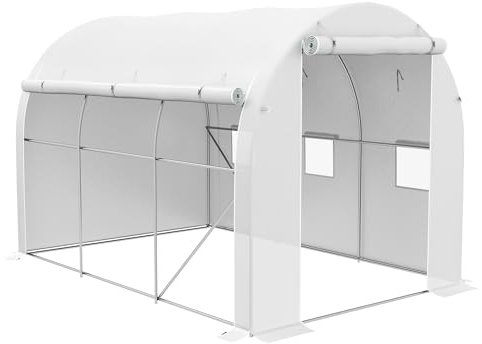 Outsunny Invernadero de jardín 6 m² Dim. 3 x 2 m con 1 Puerta + 2 Paredes Laterales enrollables con Cremallera, 6 Ventanas, PE Acero de Alta Densidad 140 g/m² Anti-UV Blanco