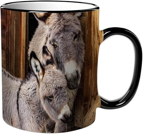 KDWJS Taza divertida de cerámica de 11 onzas,Tazas Originales de Desayuno - Graciosos Ideas para Regalos - Cerámica 330 ml - Madre y su bebé Adorable primer plano del burro en miniatura de una madre