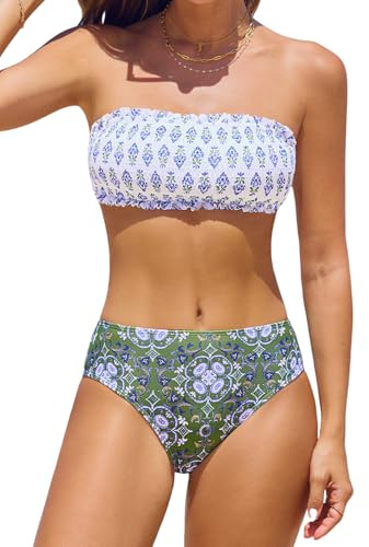 CUPSHE Bikini deux pièces pour femme, haut bandeau à nouer dans le dos avec bretelles amovibles, et bas à taille moyenne, Taille S