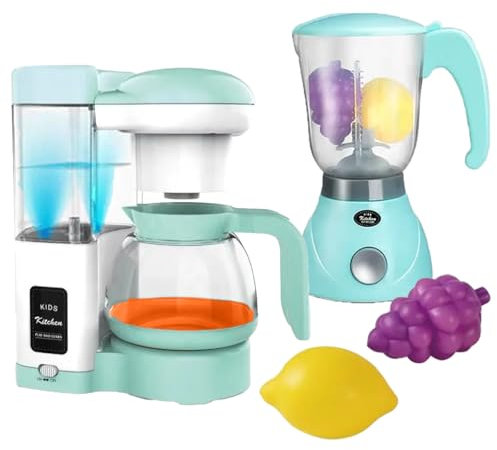 Coo11 Kids Juicer & Coffee Maker Machine Toy Set, Realistic Kitchen Pretend Play Appliances Combo with Simulation Accessories & Play Fruit, Light Sound Educational Fun Set for Toddlers Ages 3+