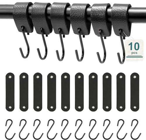 Vyanveo 10 Stück S Haken Schwarz Haken Kleiderstange mit Lederschlaufe Garderoben Haken Schwarz für Küche, Schrankaufhängung, Bad Schlafzimmer, Wohnzimmer