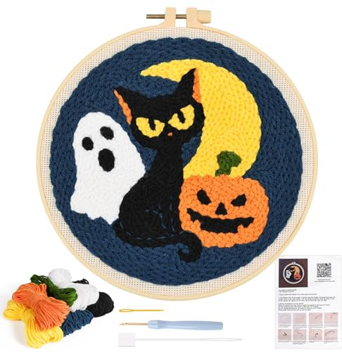JSRQT Punch Needle Stickerei Set Halloween Stanznadel Starter Kit mit Kürbis Schwarze Katze Muster Stanznadelstoff für Anfänger Debutant DIY Embroidery Sticken Broderie Stickrahmen Basteln Geschenk