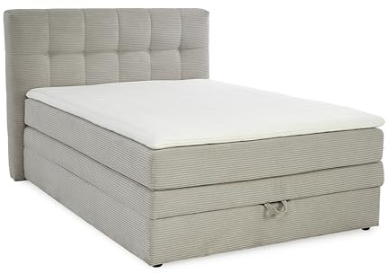 luma-Home 20036/ Boxspringbett 140x200 cm, Cord-Bezug Beige Grau | 7-Zonen-Tonnentaschen-Federkernmatratze H3 inkl. Kaltschaum-Topper, Box mit Bonell-Federkernpolsterung, großer Bettkasten
